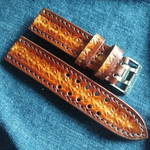 Western Watchband Custom Leather Watch Strap Tooled Leather Watch Strap Carved Floral Watch Band 24mm 22mm 20mm 19mm 18mm Gift For Him