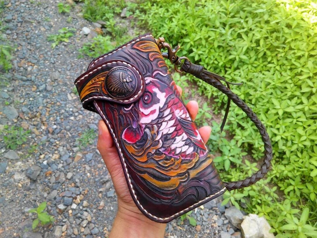 Carved Leather Mens Biker Wallet Chain Carp Fish Tooled Leather Bifold ...