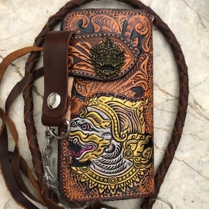 Geschnitzte Leder Herren Biker Brieftasche Kette Dämon punziert Leder Bifold Brieftasche Western Cowboy Brieftasche Geschenk für ihn Geschenk für Männer Geschenk für Papa