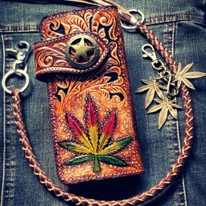 Geschnitzte Leder Herren Biker Brieftasche Kette Floral punziert Leder Bifold Brieftasche Western Cowboy Brieftasche Geschenk für ihn Geschenk für Männer Geschenk für Papa