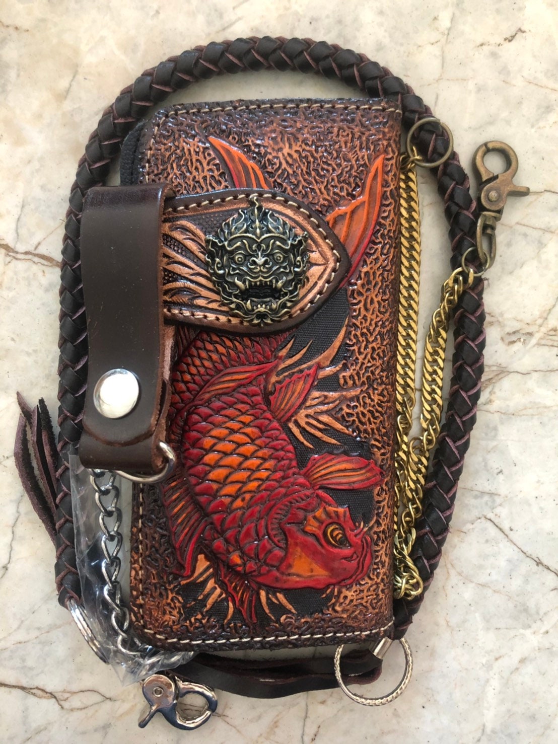 Carved Leather Mens Biker Wallet Chain Carp Fish Tooled Leather Bifold ...