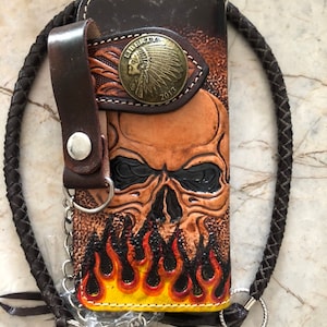 Cartera de motociclista de cuero tallado para hombre, billetera plegable de cuero con calavera y cadena, billetera de vaquero occidental, regalo para él, regalo para hombres, regalo para papá