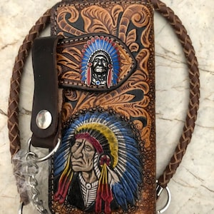 Geschnitzte Leder Herren Biker Brieftasche Kette Indigener Häuptling Punzierte Leder Bifold Brieftasche Western Cowboy Brieftasche Geschenk für Ihn Geschenk für Männer