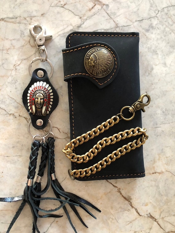 Cartera de motociclista de cuero con cadena, billetera plegable
