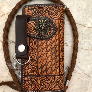 Cartera de motociclista de cuero tallado para hombre, billetera plegable de cuero con diseño floral, billetera estilo vaquero occidental, regalo para él, regalo para hombre, regalo para papá.