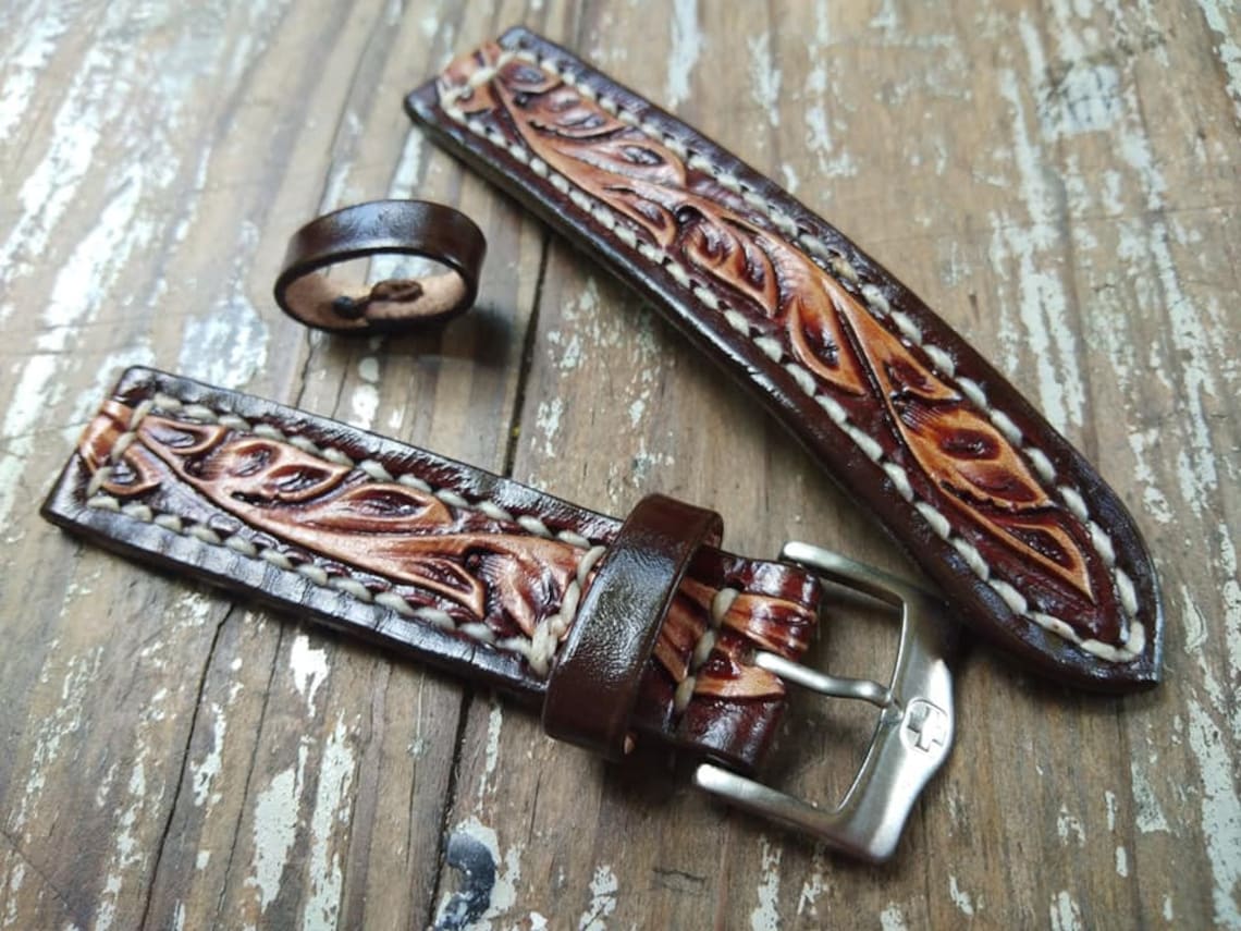 Carved Leather Watch Strap Handmade Hand Tooled Strap Watch Custom ...