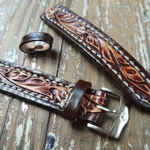 Western Watchband Custom Leather Watch Strap Tooled Leather Watch Strap Carved Floral Watch Band 24mm 22mm 20mm 19mm 18mm Gift For Him
