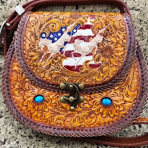 Western Cowhide Leather Purse Shoulder Bag Hand Tooled Turquoise Bag Carved Floral Handmade Purse Turquoise Crossbody Handbag Clutch Bag