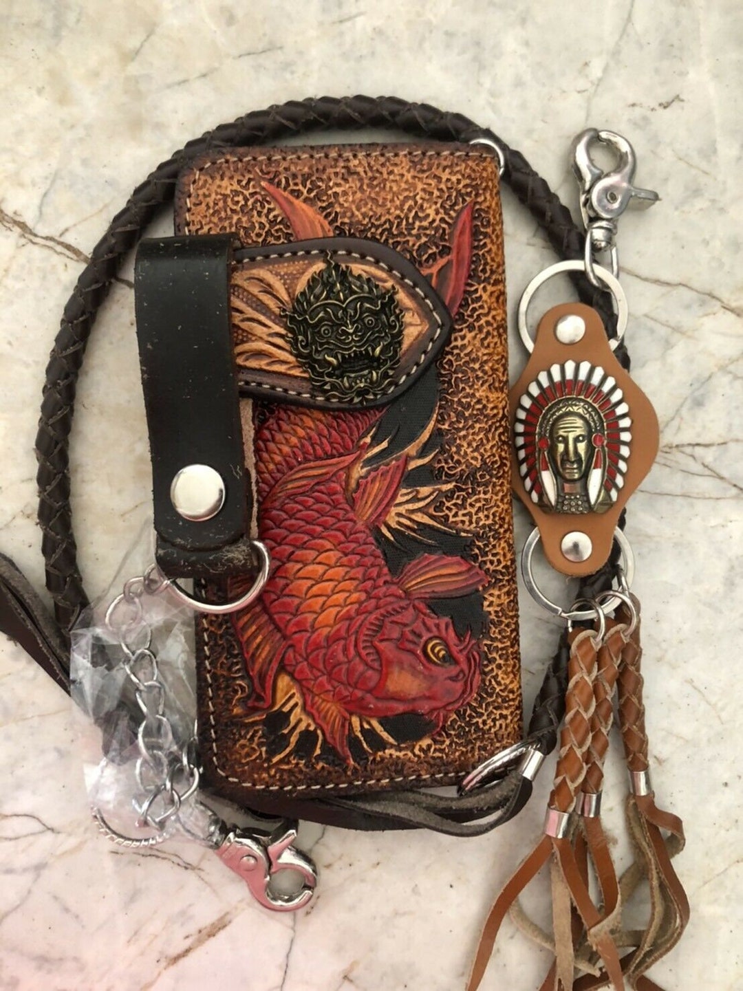 Carved Leather Mens Biker Wallet Chain Carp Fish Tooled Leather Bifold ...