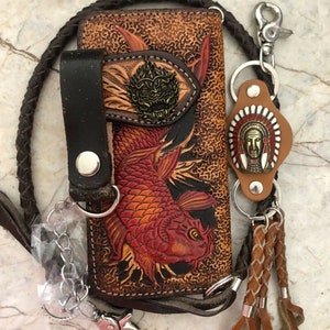 Geschnitzte Leder Herren Biker Brieftasche Kette Karpfen Fisch Punzierte Leder Bifold Brieftasche Western Cowboy Brieftasche Geschenk für ihn Geschenk für Männer Geschenk für Papa