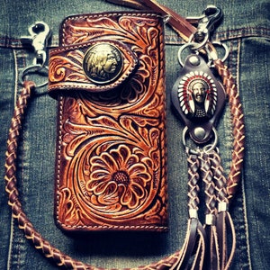 Cartera de motociclista de cuero tallado con cadena y flores talladas, billetera plegable estilo vaquero occidental, regalo de aniversario para él, regalo para hombres, regalo para papá