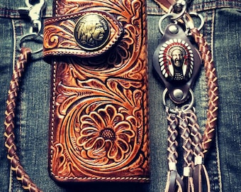 Carved Leather Biker Wallet Chain Flower Carved Wallet Bifold Western Cowboy Wallet Anniversary Gift for Him Gift for Men,Gift for Dad