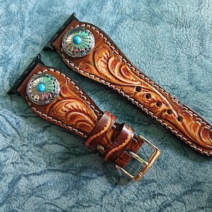 Western Watchband Leather Watch Strap Tooled Leather Carved Floral Watch Band Turquoise Compatible With Apple Watch Fits 42mm 44mm 45mm