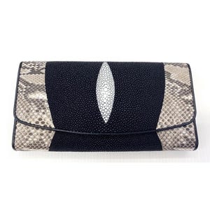 Cartera de raya negra Cartera de piel de raya genuina Cartera de piel de raya pulida Cartera exótica Cartera plegable Regalo para mamá Regalo para ella