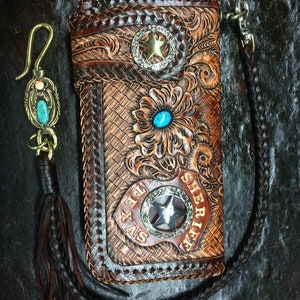 Carteira de couro esculpida masculina estilo motociclista, corrente, couro com estampa floral, carteira dobrável estilo cowboy, presente para ele, presente para homens, presente para o pai