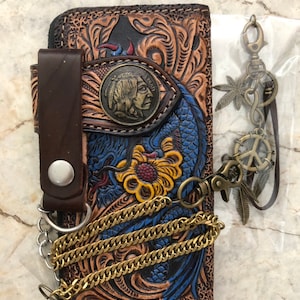 Geschnitzte Leder Herren Biker Brieftasche Kette Drachen punziert Leder Bifold Brieftasche Western Cowboy Brieftasche Geschenk für ihn Geschenk für Männer Geschenk für Papa