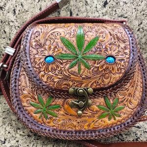 Western Cowhide Leather Purse Shoulder Bag Hand Tooled Turquoise Bag Carved Floral Handmade Purse Turquoise Crossbody Handbag Clutch Bag