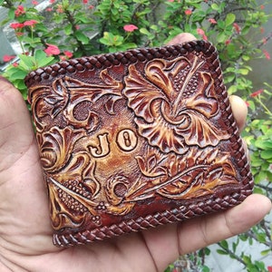 Cartera personalizada de cuero tallado, billetera plegable estilo vaquero occidental para hombre, billetera de cuero repujado, regalo para él, regalo para hombre, regalo para papá