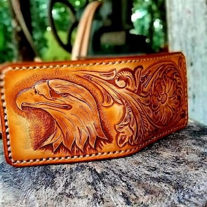 Cartera de cuero tallada a mano, cartera floral, cartera plegable estilo vaquero occidental para hombre, cartera de cuero repujado, regalo para él, regalo para hombre, regalo para papá