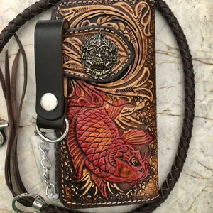 Geschnitzte Leder Herren Biker Brieftasche Kette Karpfen Fisch Punzierte Leder Bifold Brieftasche Western Cowboy Brieftasche Geschenk für ihn Geschenk für Männer Geschenk für Papa