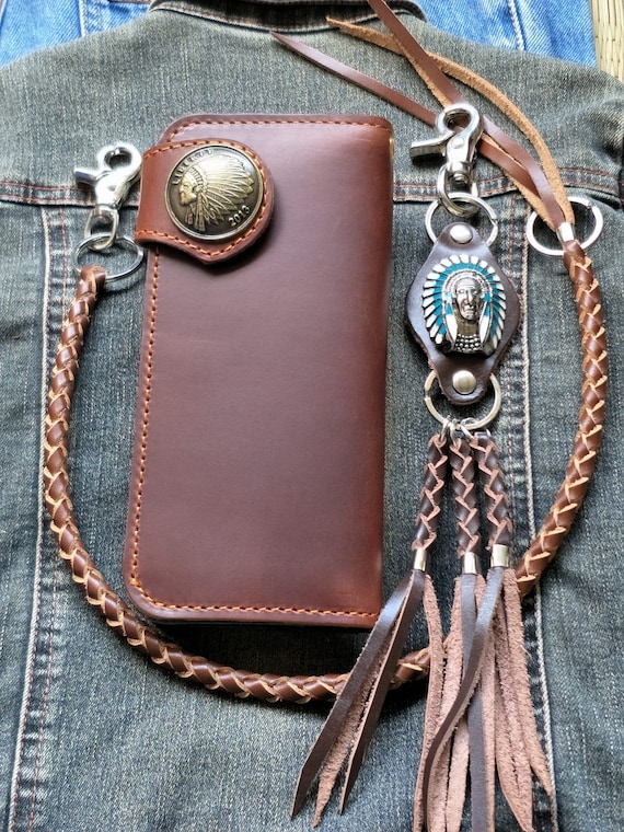 Cartera de cuero estilo motero con cadena para hombre, billetera plegable  hecha a mano con cordón de cuero, billetera larga, regalo para motero,