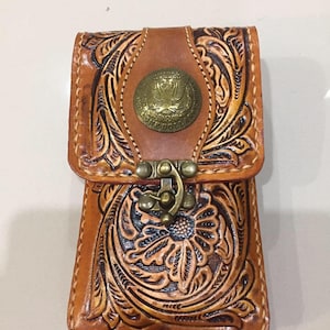 Western Leather Phone Case For Belt  Carved Leather Handmade Tooled Leather Cell Phone Holder Leather Gift for Him Gift for Men Gift for Dad