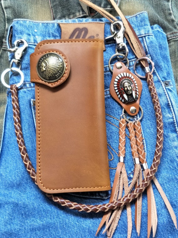 Cartera de cuero estilo motero con cadena para hombre, billetera