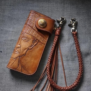 Carteira de couro esculpida masculina estilo motociclista, corrente, chefe indígena, carteira de couro com duas dobras, carteira de cowboy ocidental, presente para ele, presente para homens