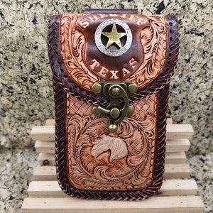 Western Leather Phone Case For Belt  Carved Leather Handmade Tooled Leather Cell Phone Holder Leather Gift for Him Gift for Men Gift for Dad
