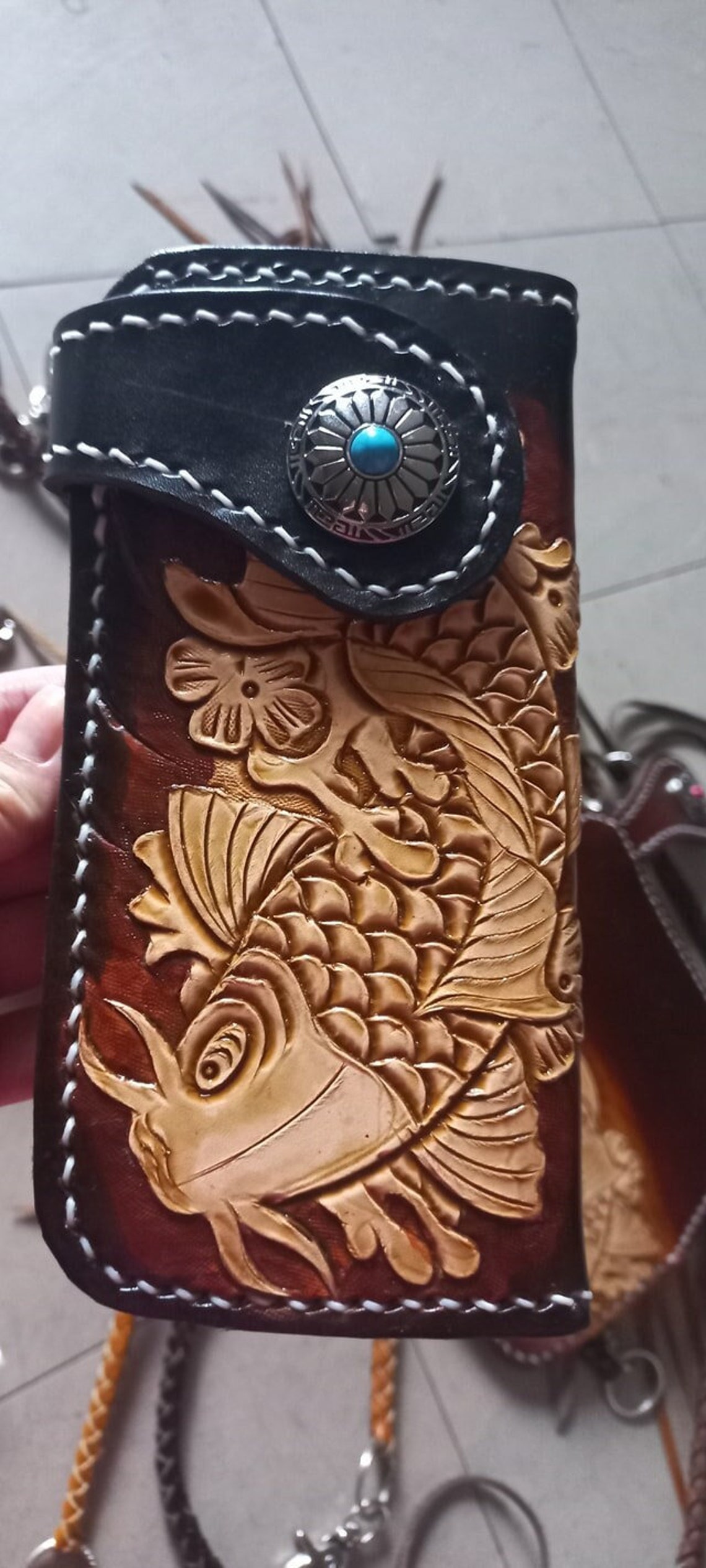 Carved Leather Mens Biker Wallet Chain Carp Fish Tooled Leather Bifold ...