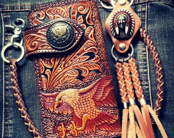 Carved Leather Biker Wallet Chain Eagle Carved Wallet Bifold Western Cowboy Wallet Anniversary Gift for Him Gift for Men gift for Dad Etsy