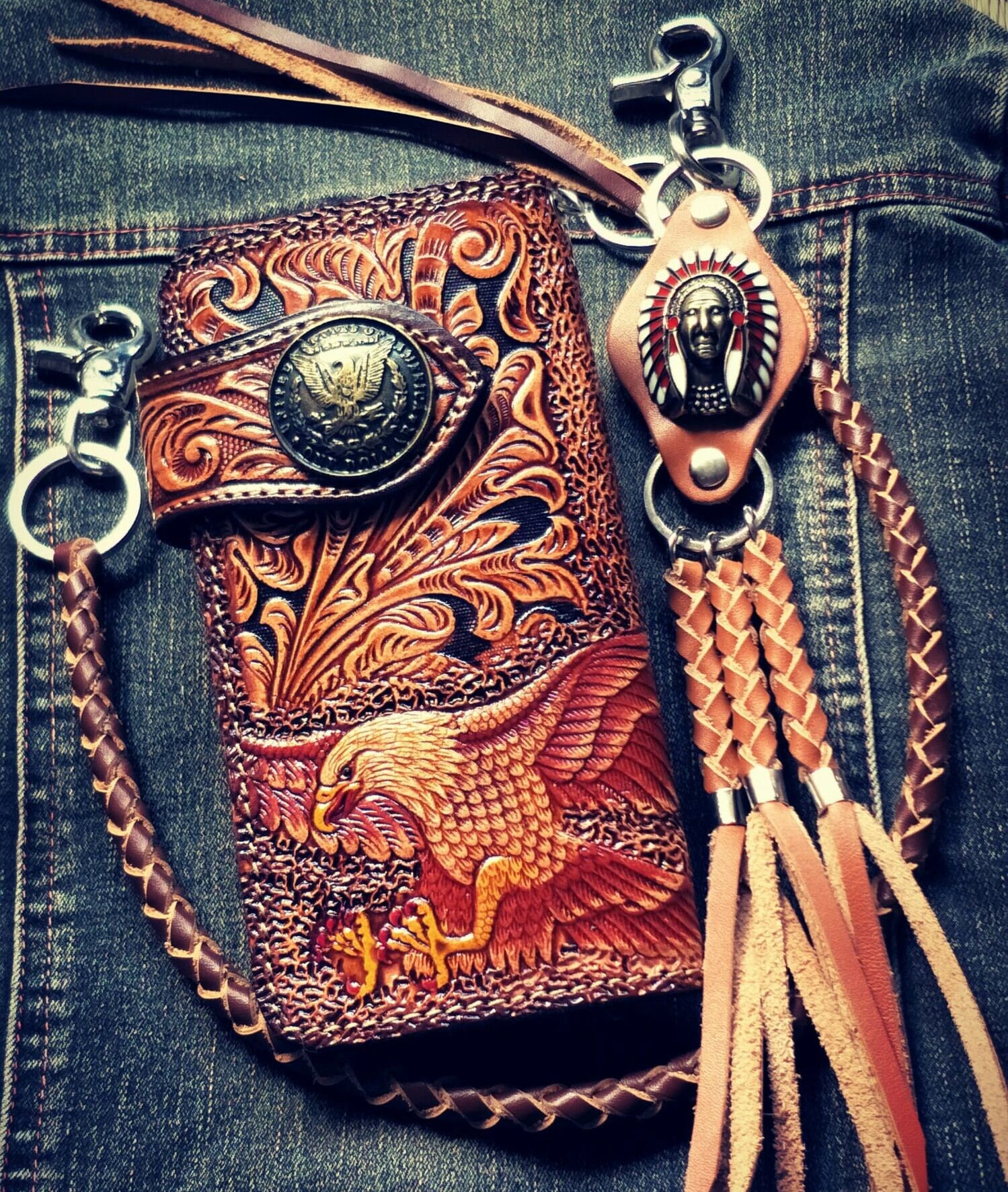 Handmade Tooled Red Leather Floral Biker Chain Wallet Mens Long