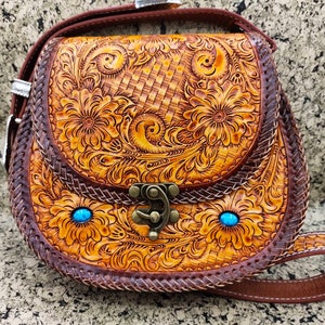 Western Cowhide Leather Purse Shoulder Bag Hand Tooled Turquoise Bag Carved Floral Handmade Purse Turquoise Crossbody Handbag Clutch Bag