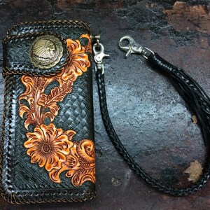 Cartera de motociclista de cuero tallado para hombre, billetera plegable de cuero con diseño floral, billetera estilo vaquero occidental, regalo para él, regalo para hombre, regalo para papá.