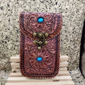 Western Leather Phone Case For Belt  Carved Leather Handmade Tooled Leather Cell Phone Holder Leather Gift for Him Gift for Men Gift for Dad