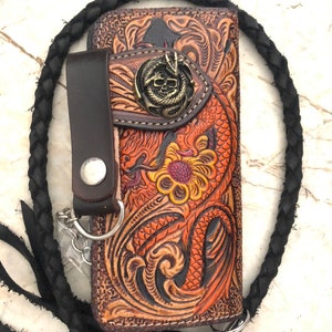 Geschnitzte Leder Herren Biker Brieftasche Kette Drachen punziert Leder Bifold Brieftasche Western Cowboy Brieftasche Geschenk für ihn Geschenk für Männer Geschenk für Papa