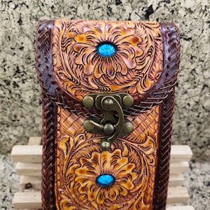 Western Leather Phone Case For Belt  Carved Leather Handmade Tooled Leather Cell Phone Holder Leather Gift for Him Gift for Men Gift for Dad
