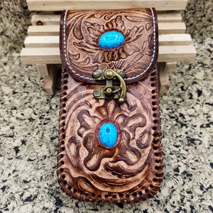 Western Leder Handytasche für Gürtel geschnitztes Leder handgefertigt punziert Leder Handyhalter Leder Geschenk für ihn Geschenk für Männer Geschenk für Papa