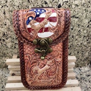 Western Leather Phone Case For Belt  Carved Leather Handmade Tooled Leather Cell Phone Holder Leather Gift for Him Gift for Men Gift for Dad