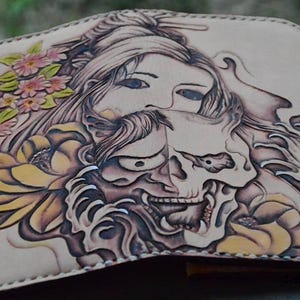 Cartera de motociclista de cuero tallado para hombre, billetera plegable de cuero con calavera y cadena, billetera de vaquero occidental, regalo para él, regalo para hombres, regalo para papá