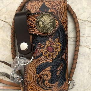 Geschnitzte Leder Herren Biker Brieftasche Kette Drachen punziert Leder Bifold Brieftasche Western Cowboy Brieftasche Geschenk für ihn Geschenk für Männer Geschenk für Papa