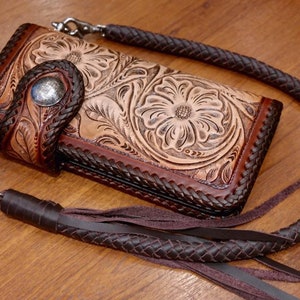 Carteira de couro esculpida masculina estilo motociclista, corrente, couro com estampa floral, carteira dobrável estilo cowboy, presente para ele, presente para homens, presente para o pai