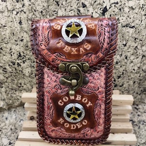 Western Leather Phone Case For Belt  Carved Leather Handmade Tooled Leather Cell Phone Holder Leather Gift for Him Gift for Men Gift for Dad