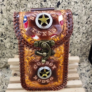 Western Leather Phone Case For Belt  Carved Leather Handmade Tooled Leather Cell Phone Holder Leather Gift for Him Gift for Men Gift for Dad