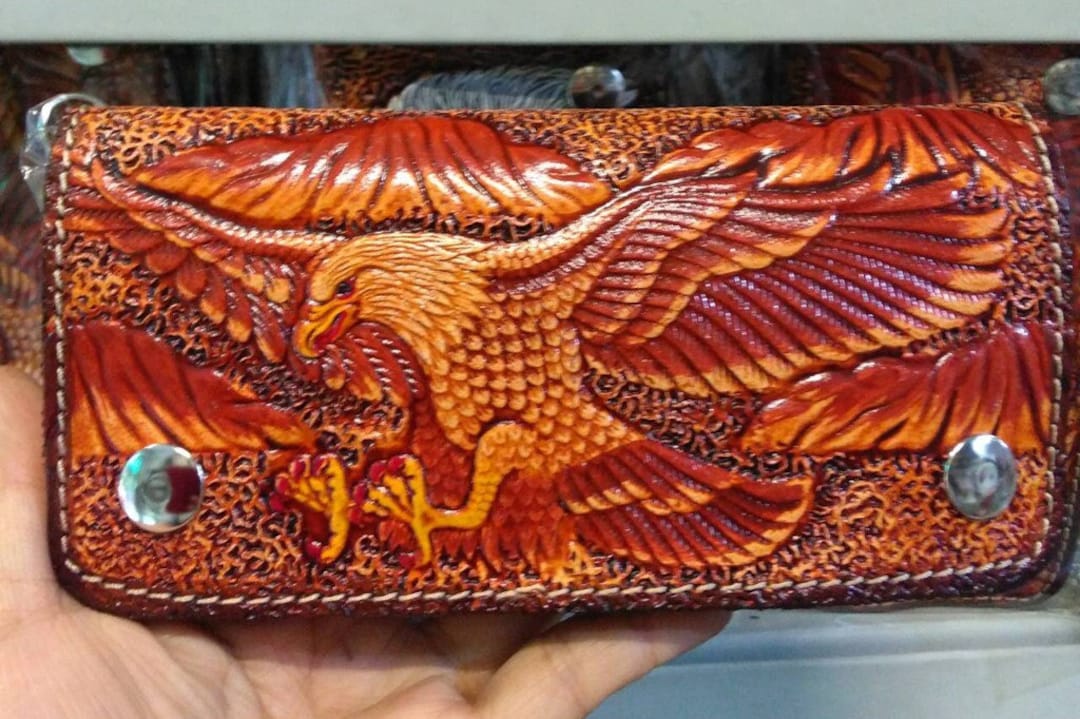 Custom Biker Wallets Handmade Motorcycle Long Leather Biker Wallet Chain Eagle Carved Wallet ...