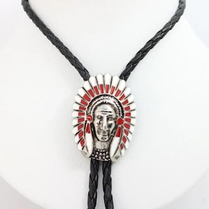 Southwestern Indigenous Chief Bolo Tie Leather Cowboy Necktie Accessories Mens Necklace Leather Cord Woven Gift For Him Gift For Dad