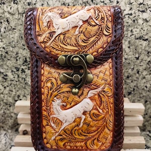 Western Leather Phone Case For Belt  Carved Leather Handmade Tooled Leather Cell Phone Holder Leather Gift for Him Gift for Men Gift for Dad