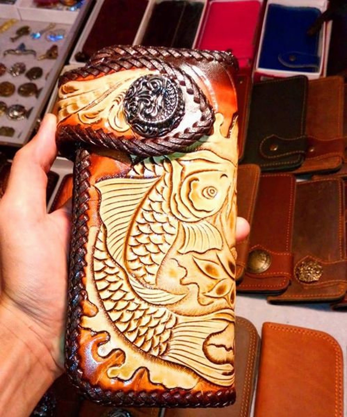 Carved Leather Mens Biker Wallet Chain Carp Fish Tooled Leather Bifold ...