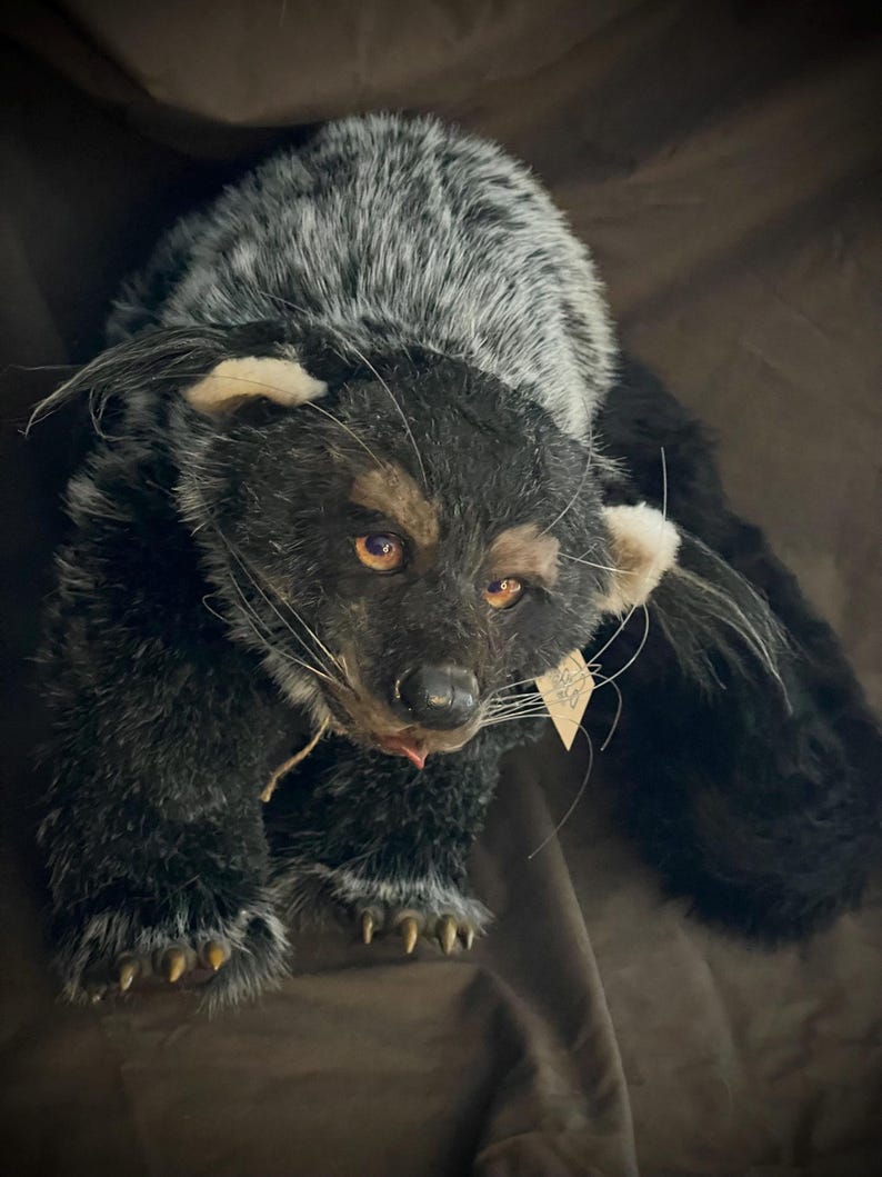 May include: A handmade plush toy of a black and gray animal with amber eyes and a small tag. The plush has a long body, a furry texture, and detailed paws. The animal's fur is a mix of black and gray, with a lighter color around the ears.
