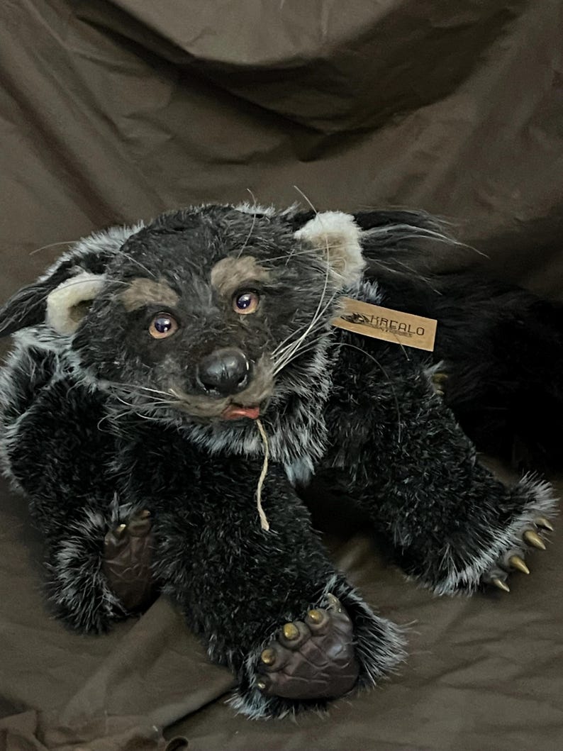 May include: A handmade plush toy of a black and gray animal with a long tail, possibly a bear or a raccoon. The toy has detailed features, including a realistic face, paws, and a tag that reads "MACALO". The plush is lying down on a brown surface.
